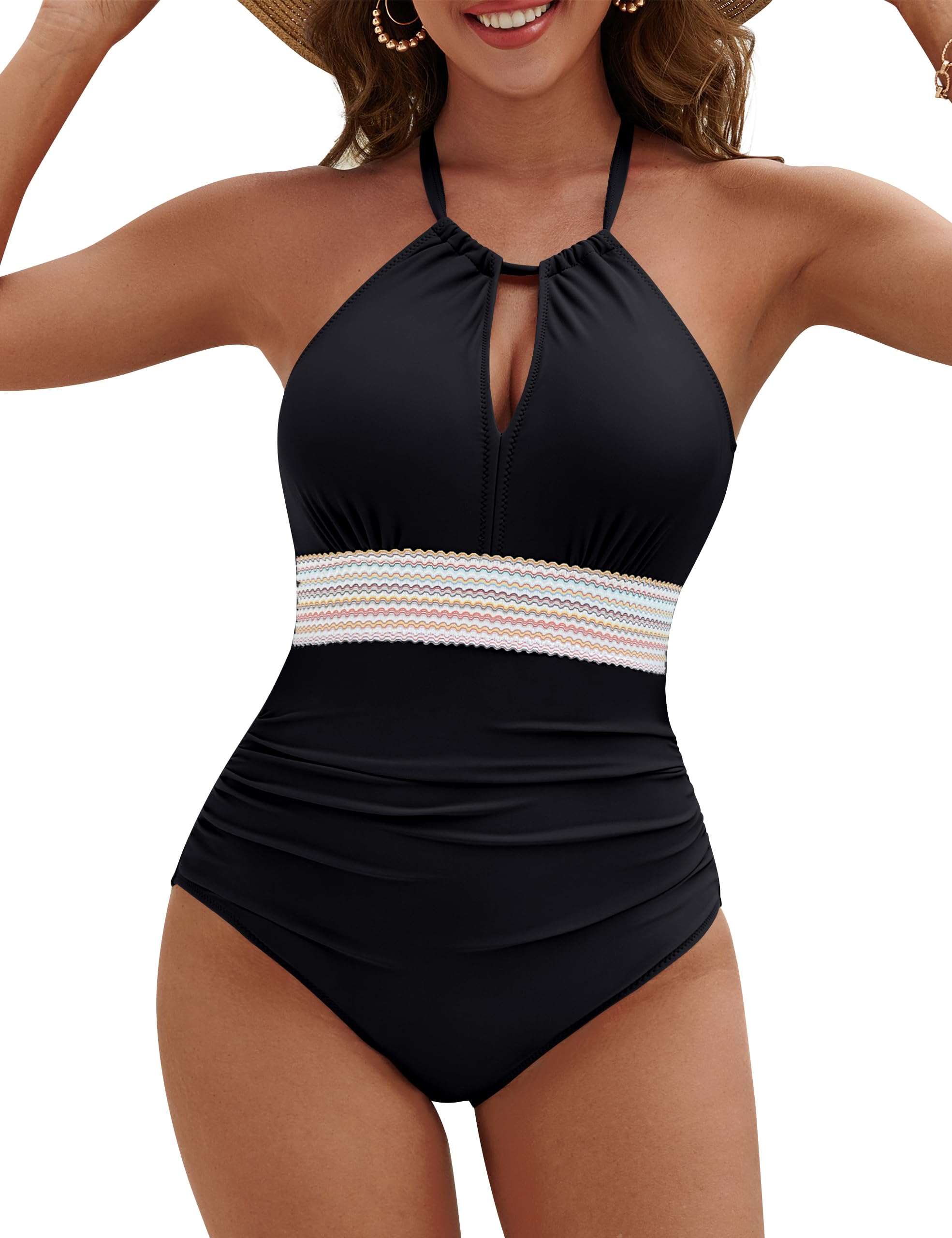 Photo 1 of Blooming Jelly Tummy Control One Piece Swimsuit for Women Slimming Bathing Suits Color Block Halter Swim Suits 2025 (XXL, Black)