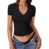 Rooscier Women's Notch V Neck Ribbed Knit Slim Fit Short Sleeve Basic T Shirts Blouse Tops