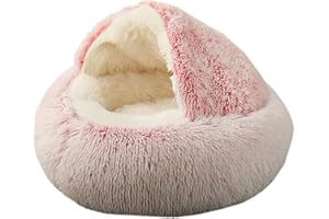 KWEWIK Cat Bed Round Soft Plush Burrowing Cave Hooded Cat Bed Donut for Dogs & Cats, Faux Fur Cuddler Round Comfortable Self Warming pet Bed, Machine Washable, Waterproof Bottom, Small, Pink