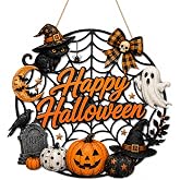 Halloween Door Decoration, Wooden Halloween Wreath Sign for Front Door, Ghost Pumpkin Bat Skull Black Cat Hanging Sign for Wall Home Porch Decor Farmhouse Party Supply