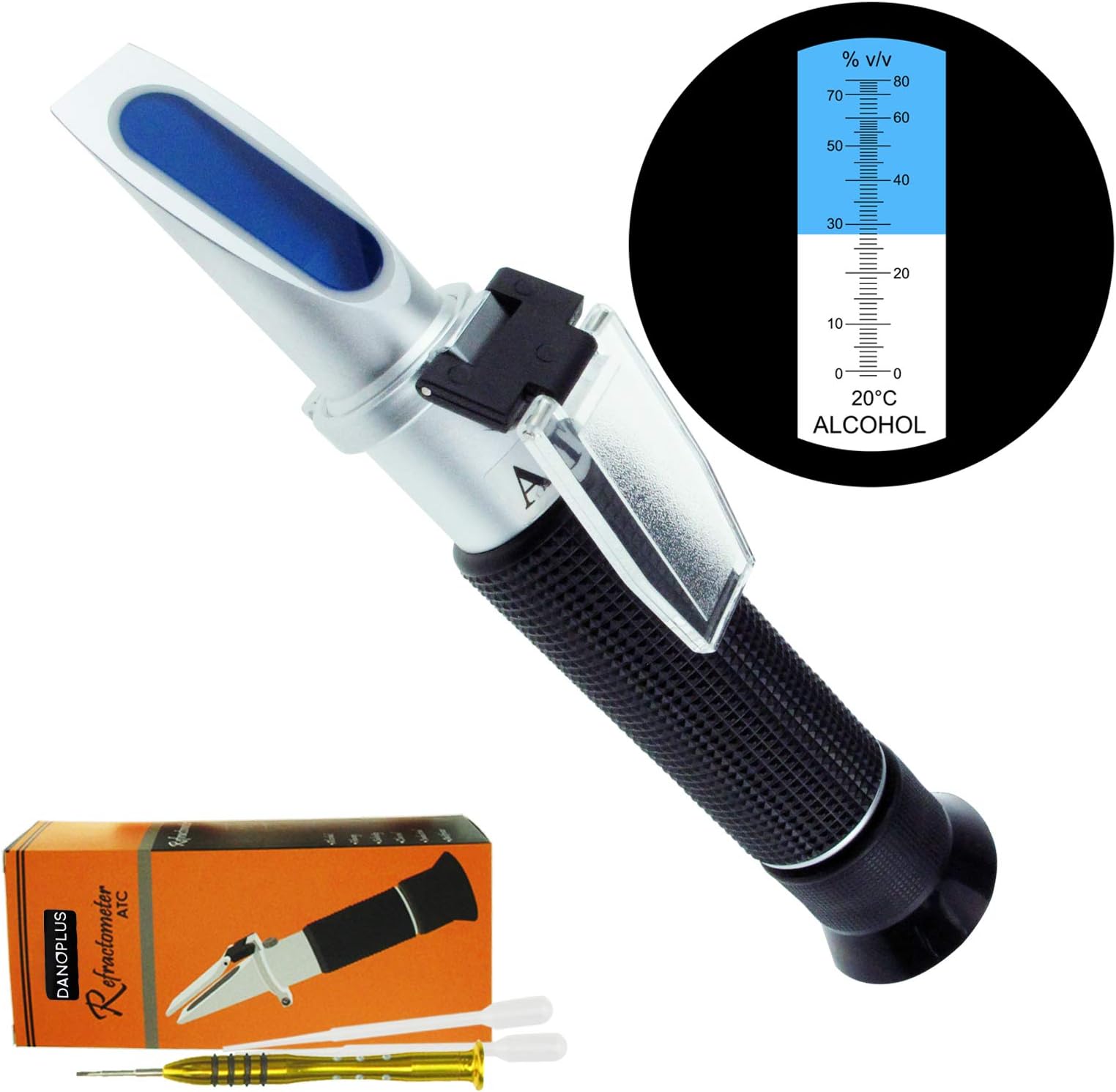 Kibeland Ethyl Alcohol Handheld Refractometer with ATC, 0~80% alcohol volume percent, with EXTRA Mini USB Light, Wine Making, Alcohol Producing