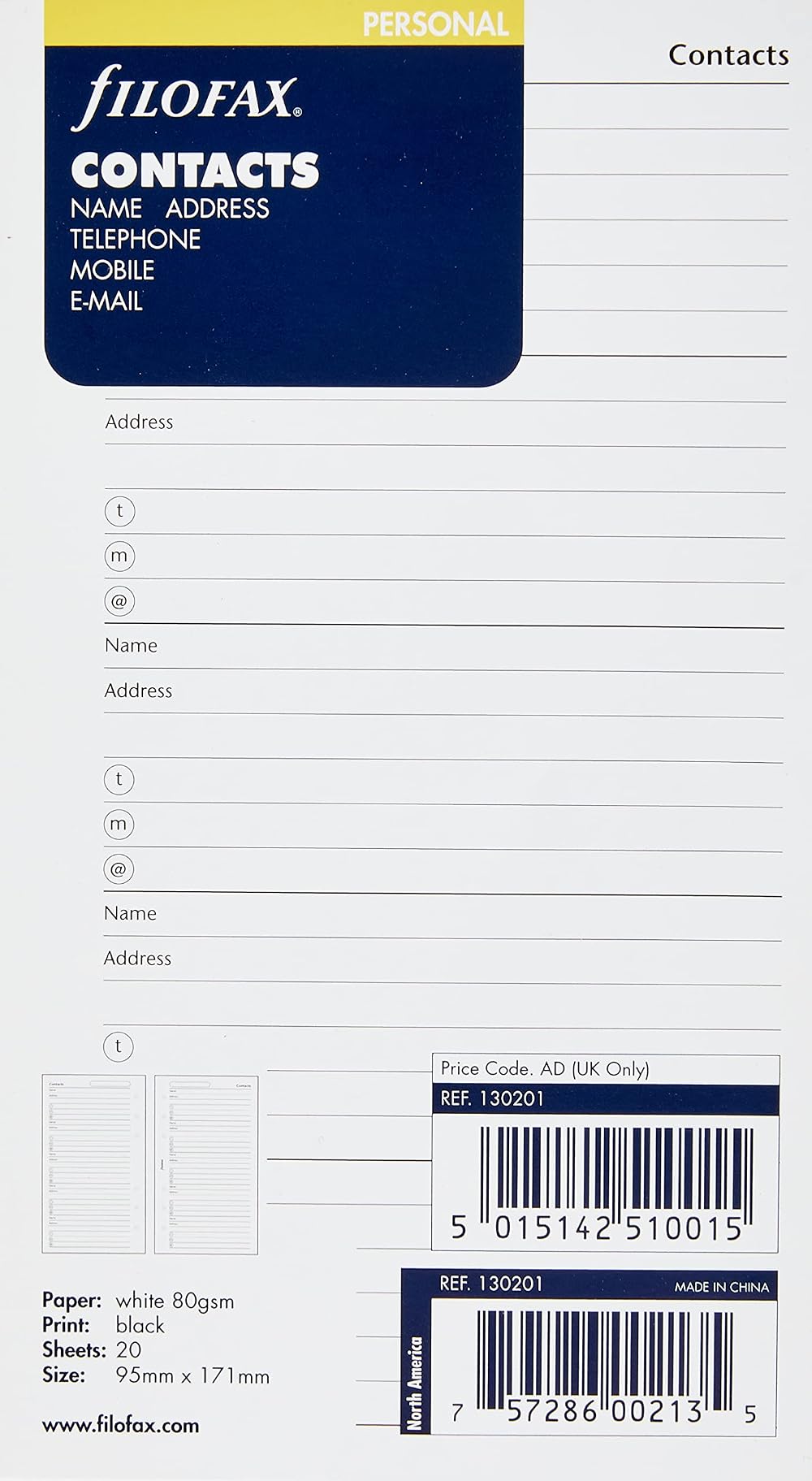 Filofax Personal Contacts Name Address Email Telephone Fax Mobile Refill White