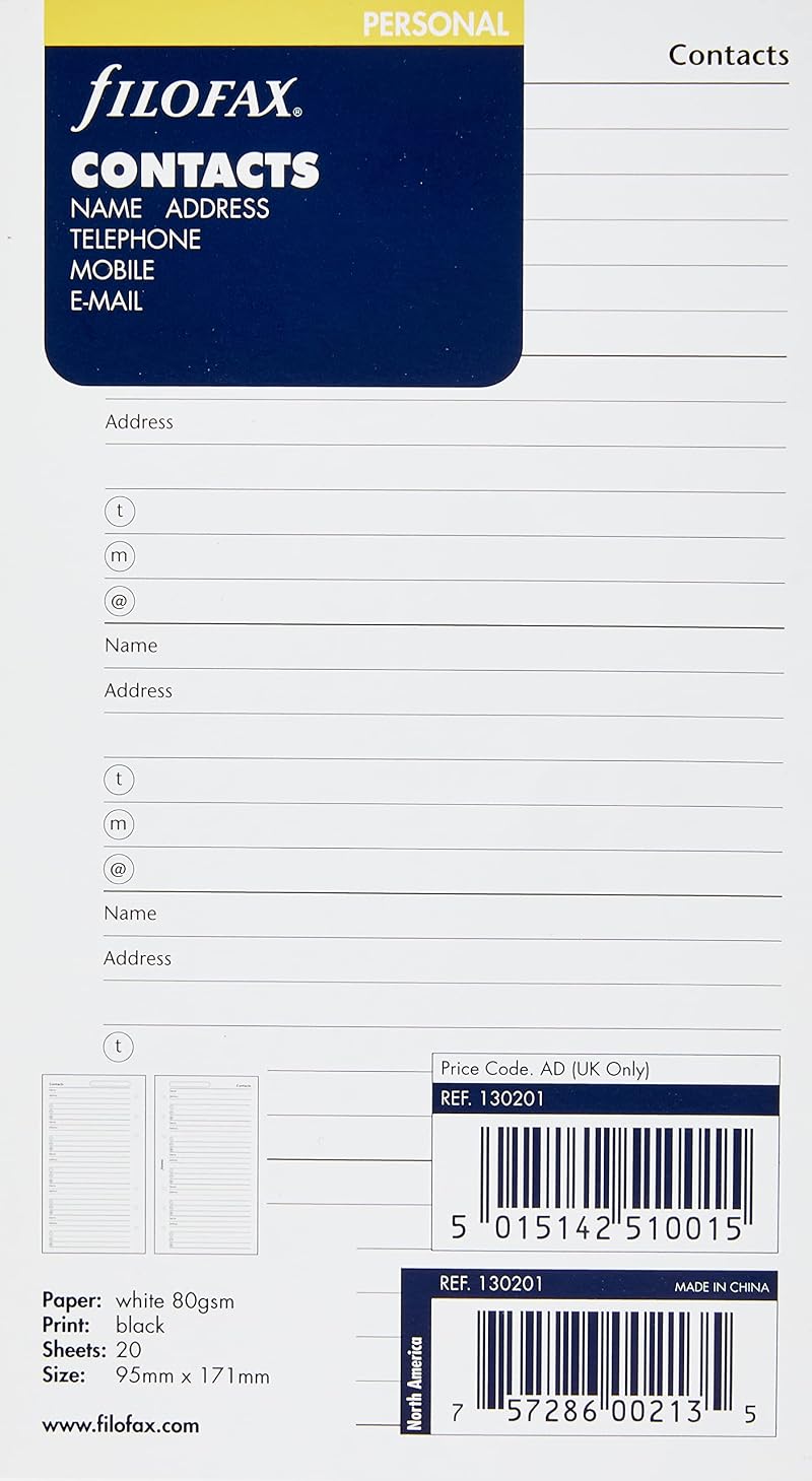 Filofax Personal Contacts Name Address Email Telephone Fax Mobile Refill White