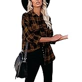 Megfie Loose Casual Womens Long Plaid Shirt Button Down Long Sleeve Lapel Collar Plaid Flannel Shirt Women(0027-Khaki*1-XXL)