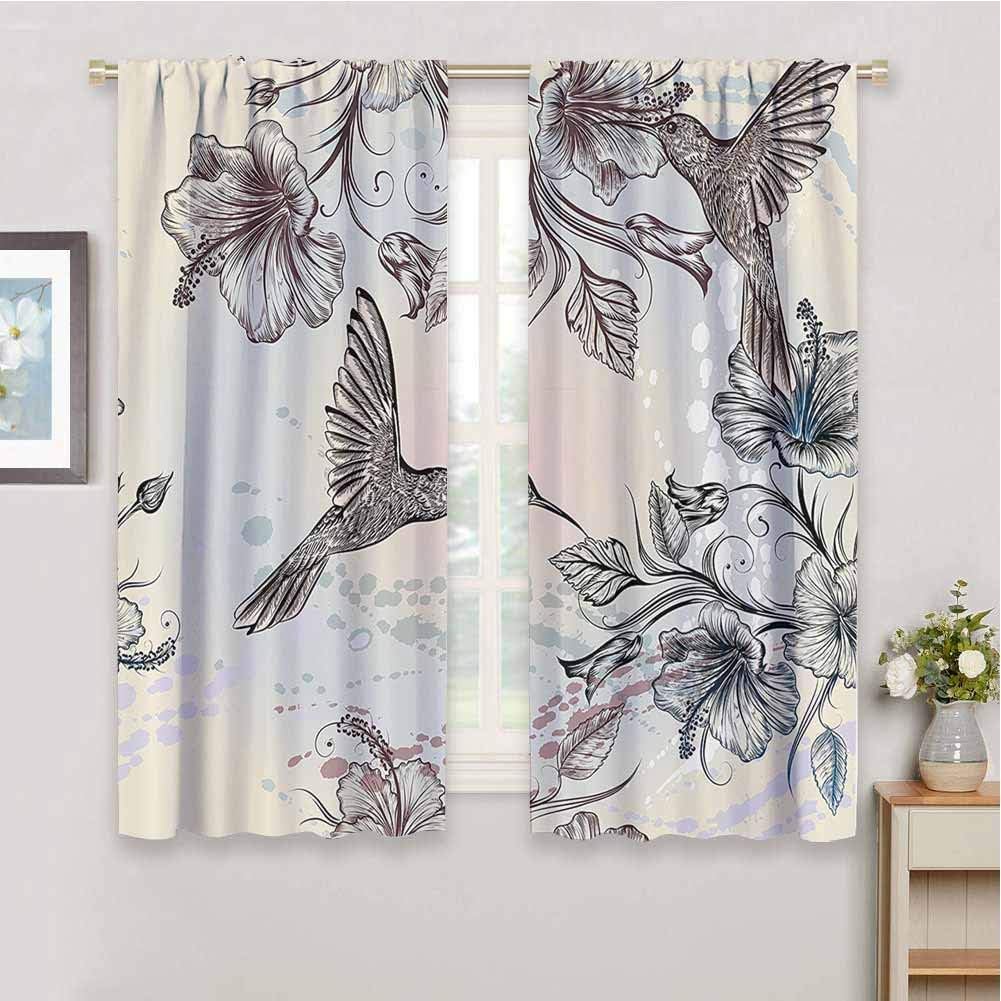 Hummingbirds Decorations Room Darkened Curtain, Curtains 84 inch Length Birds and Hibiscus Flowers Nostalgia Antique Artistic Design Classic Home Easy to Clean Teal Brown W72 x L84 Inch