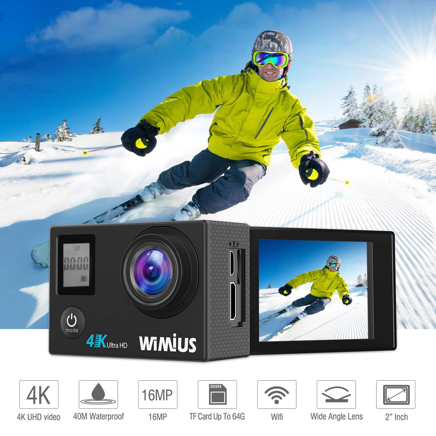WiMiUS Action Cam 4K 16MP WiFi Subacquea 40M Telecamera d\'azione Fotocamera Impermeabile con 2 batterie Ricaricabili e Kit di Accessori di Montaggio Q4 Nero