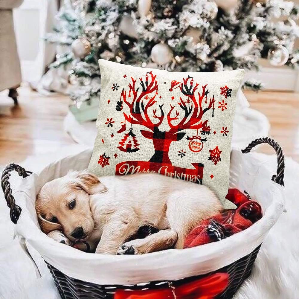 HAJACK Christmas Pillow Covers, 18x18” Throw Pillow Cases Set of 4 for Christmas Decor, Red Plaid Truck & Farmhouse & Deer Pattern and Soft Linen Fabric, Great Decorations and Best Gift for Christmas: Home & Kitchen