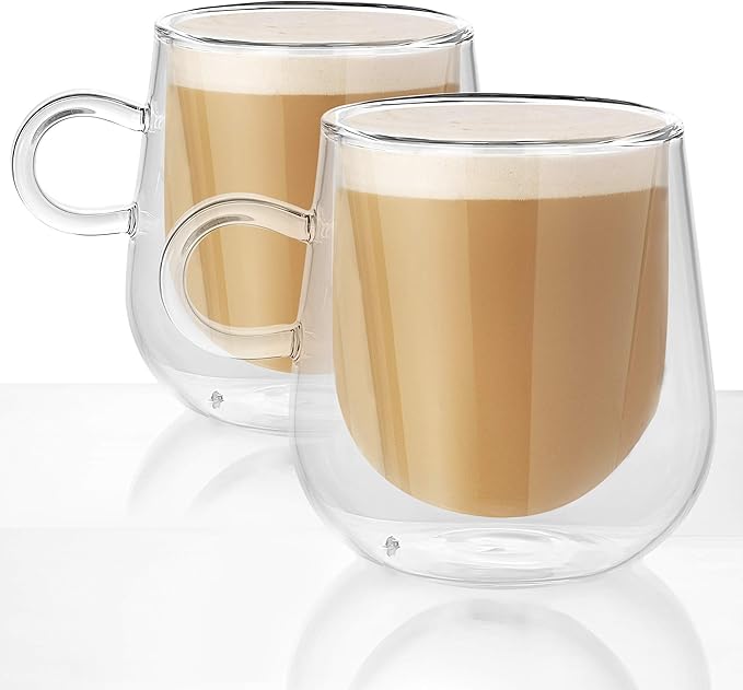 Set of 2 Double Walled Insulated 275ml Glass Mugs Heat Resistant