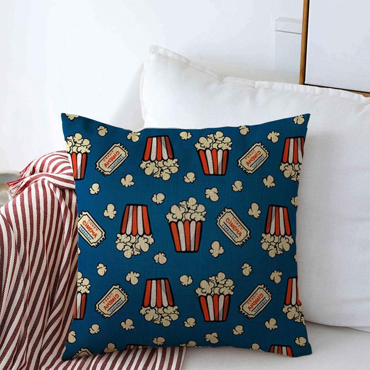 Throw Pillows Cover 16 x 16 Inches Blue Pattern Striped Box Rest Popcorn Ticket Food Drink Red Corn Pop Cinema Style House Full Object Cushion Case Cotton Linen for Fall Home Decor