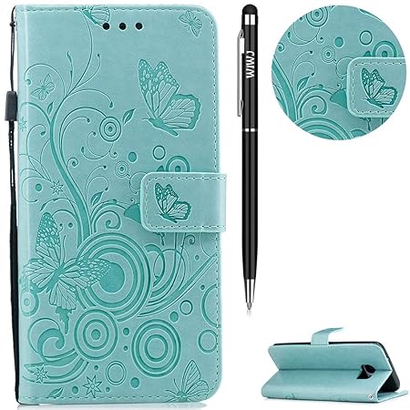 Galaxy S7 Edge Hülle,WIWJ Premium Tasche Cover Handyhülle[Geprägtes Schmetterling Schnallen Holster]Brieftasche Flip Case Led