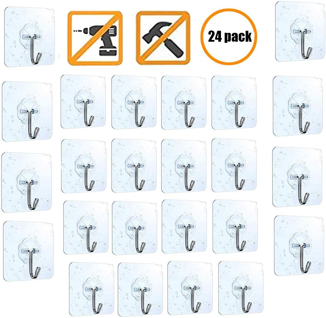 Adhesive Hooks，Muyee 24pcsClear Hanging Wall Hooks 10kg (max) Heavy Duty Reusable Hooks Nail Free No Scratch Super Waterproof Seamless Sticky Hooks for Bathroom Kitchen Wall Door and Ceiling