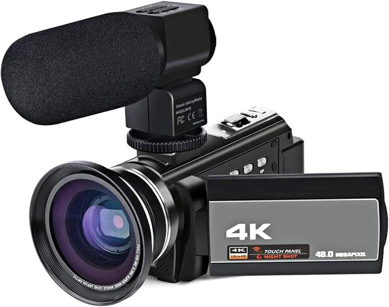 Amazon.co.jp： 職業4Kビデオカメラ、外付けマイク、広角レンズ、LEDビデオライト付きビデオカメラ48mpのフルHD 1080pの