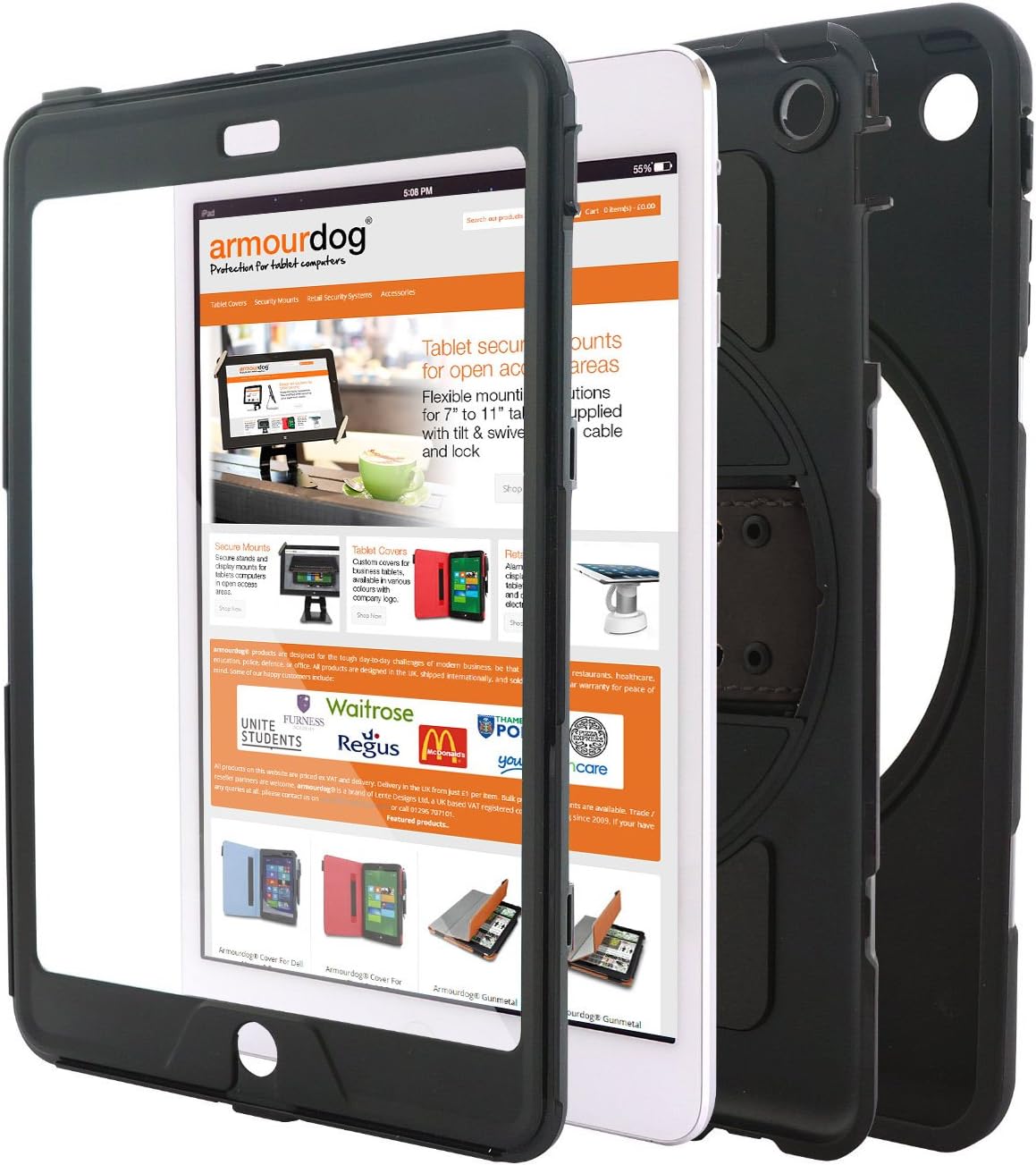 armourdogยฎ rugged '360 grip case' with hand strap and tempered glass screen for the Apple iPad Air 2