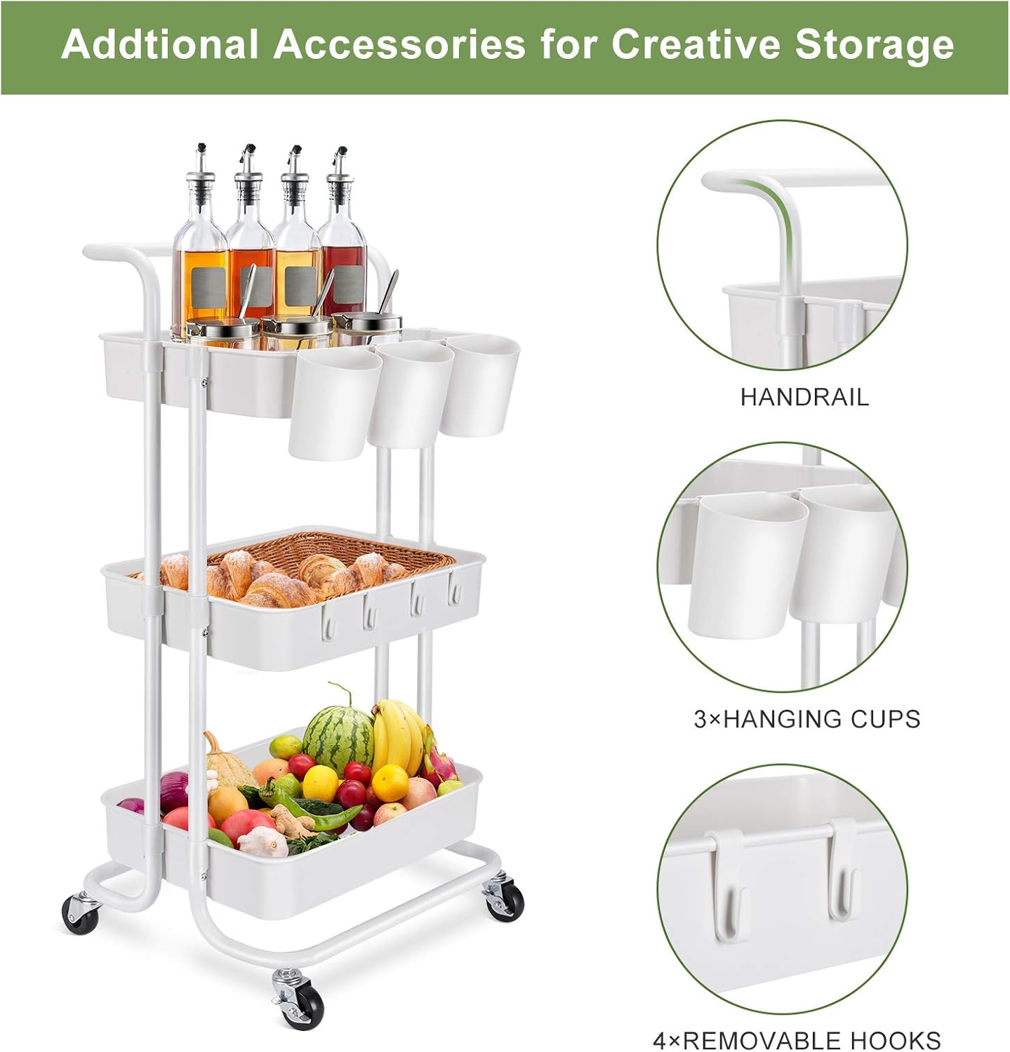 LEHOM 3-Tier Rolling Utility Cart with Hanging Cups & Hooks & Handle, Multifunctional Art Cart Organizer Storage with Wheels, Easy Assembly for Office, Bedroom, Kitchen, Bathroom, Laundry (White) : Office Products