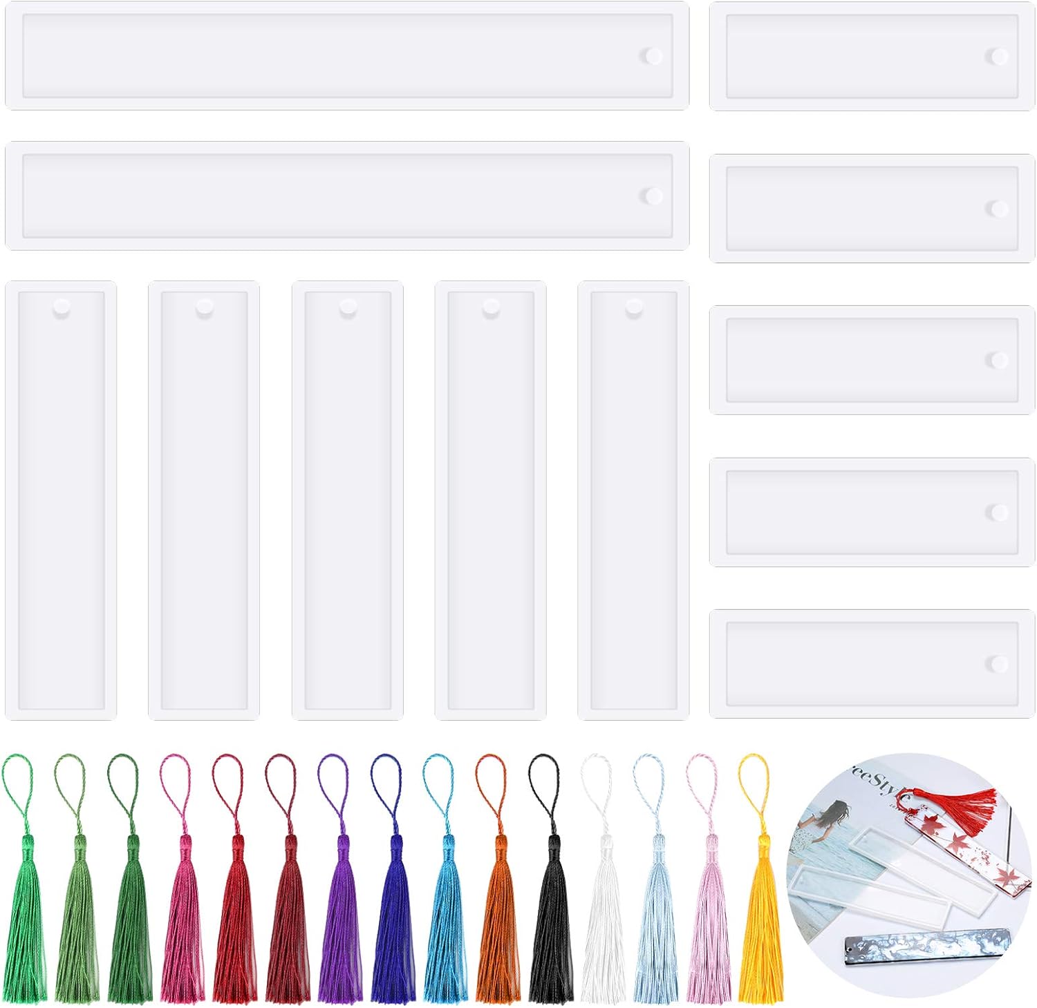 Jubaopen 12PCS Bookmark Resin Mold Bookmark Mold with 15PCS Colorful Tassels Rectangle Resin Casting Mould Silicone Resin Casting Bookmark Molds for Bookmark Craft DIY(3 Sizes, 15 Colors)