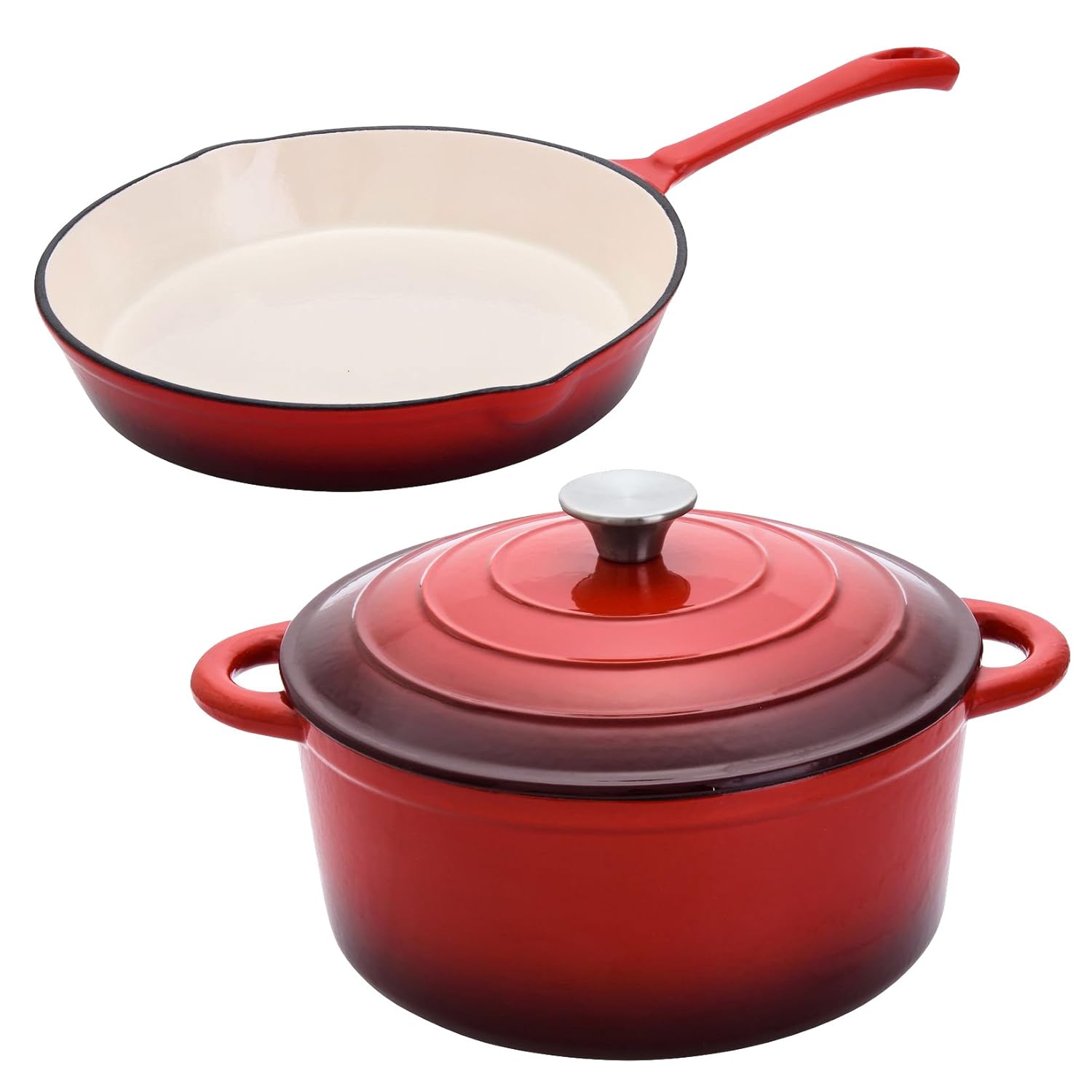 Hamilton Beach 5.5 Quart Red Enamel Cast Iron Dutch Oven & 10" Frying Pan w/Lid