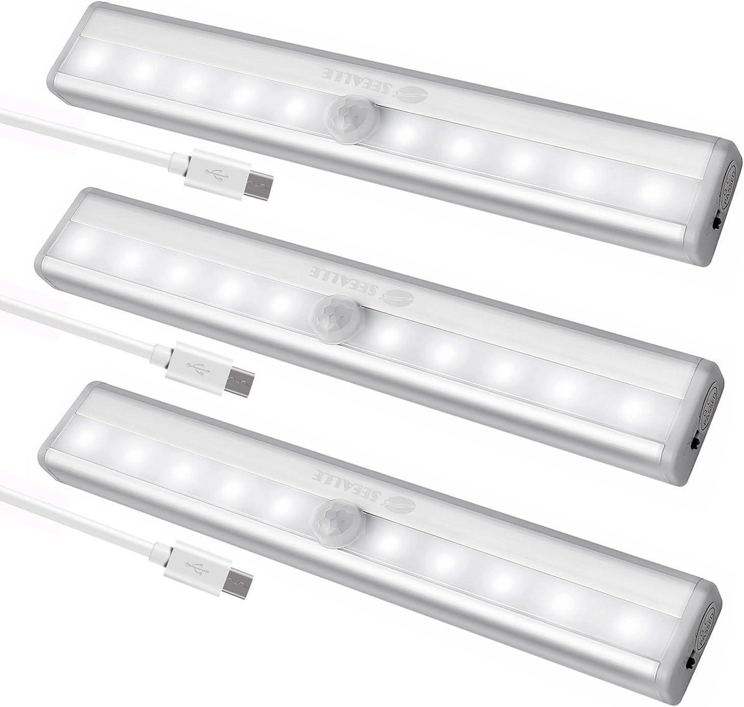 USB Rechargeable Closet Lights Motion Sensor 10 LED Portable Wireless Light Bar Cabinet Kitchen Wardrobe Night Light with Magnetic Strip Stick-on Anywhere (Pack of 3)