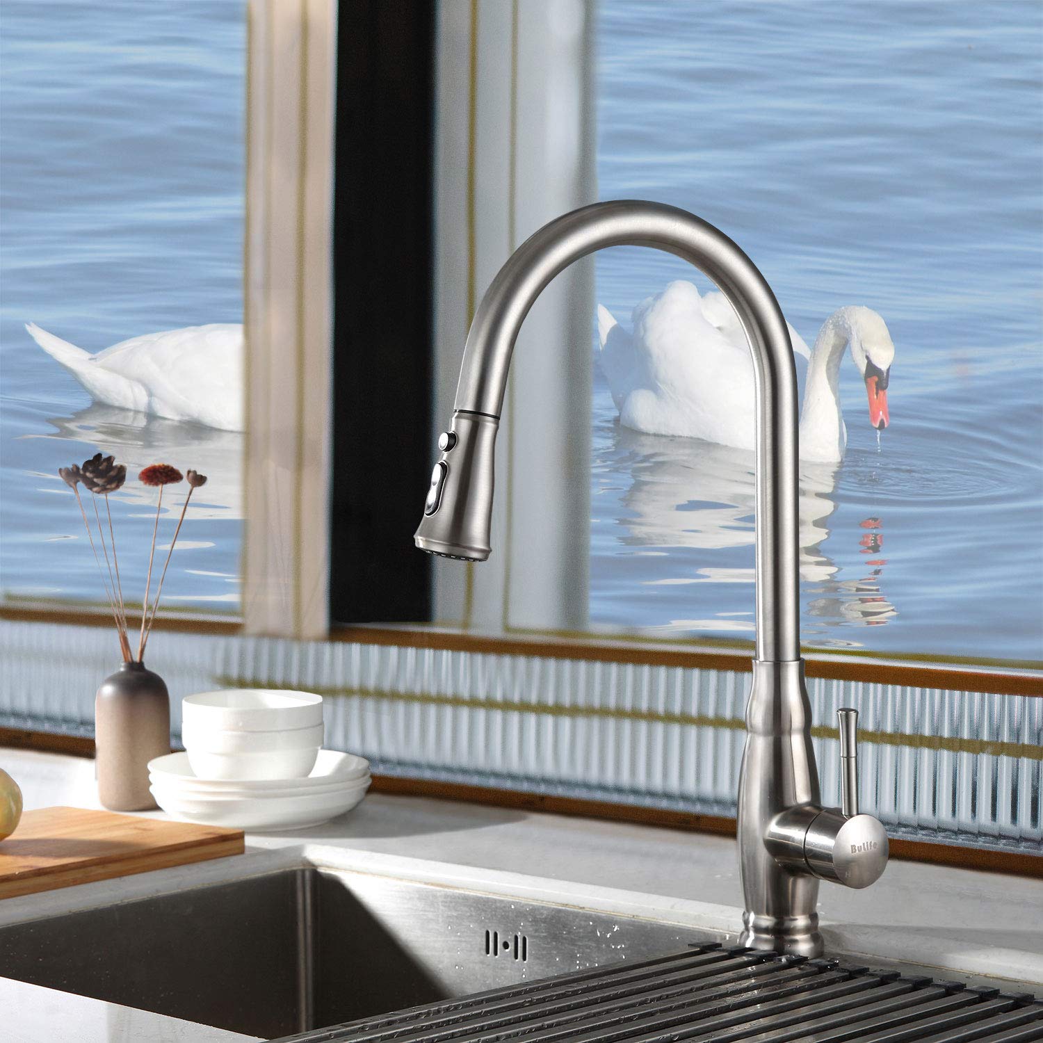 Bulife Pull-Down Sprayer Kitchen Faucet, Single Handle High Arc Lead Free Stainless Steel Brushed, Modern Gooseneck Pullout Spray Head, Faucet for Kitchen Farm Sink with Deck Plate