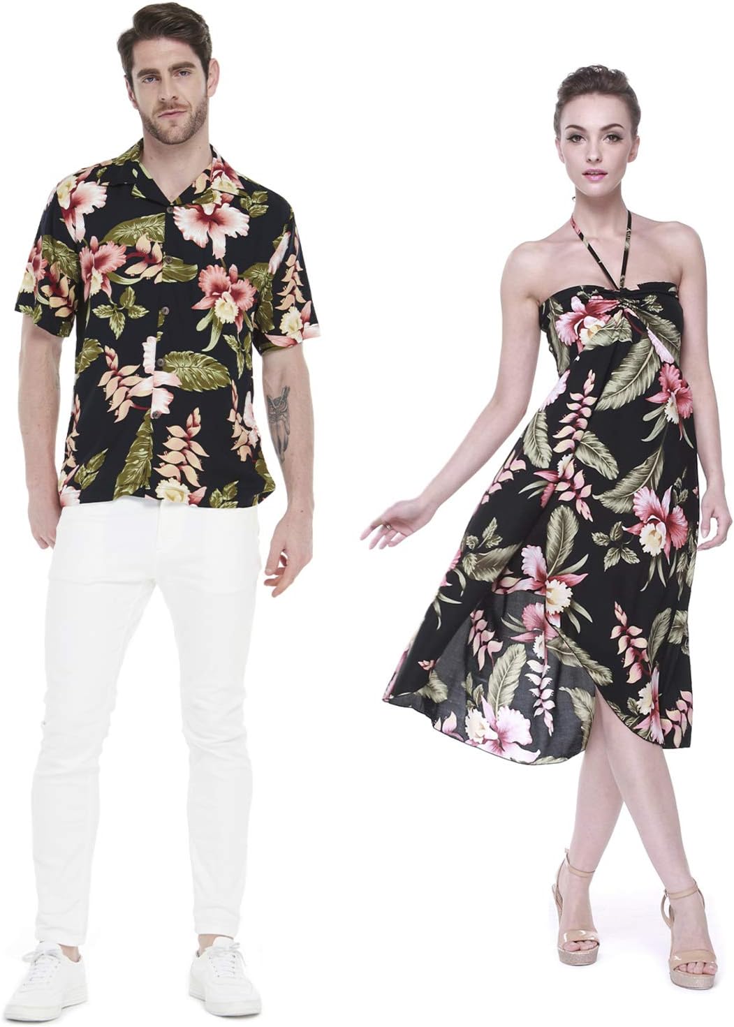 Hawaii HangoverCouple Matching Hawaiian Luau Party Outfit Set Shirt Dress in Black Rafelsia