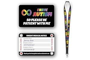 Autism Autistic Anxious Non-Verbal Awareness Medical Card, Autism Card with Writable Panel and Autism Patterned Lanyard with 