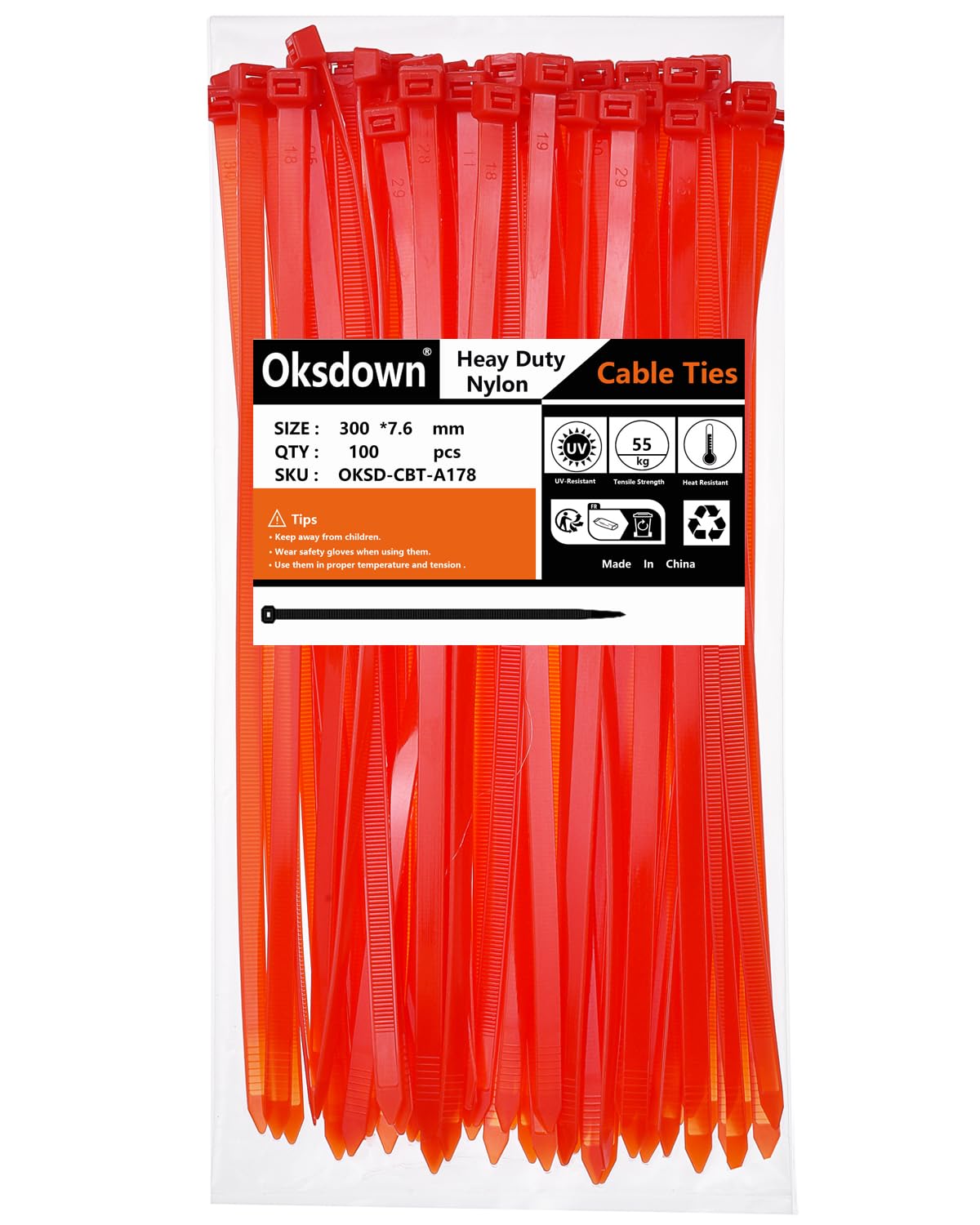 Oksdown 100 Pack Thick Red Plastic Cable Ties 300mm×7.6mm Heavy Duty Nylon Garden Long Zip Tie Multi Purpose Premium 12 inch/30 cm Tie Wraps
