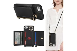 SunYoo for iPhone SE 2022/2020 iPhone 8 Case with Card Holder,for iPhone 8 Wallet Case for Women with Strap Crossbody Lanyard Stand Ring,PU Leather Zipper Pocket Phone Cover-Black