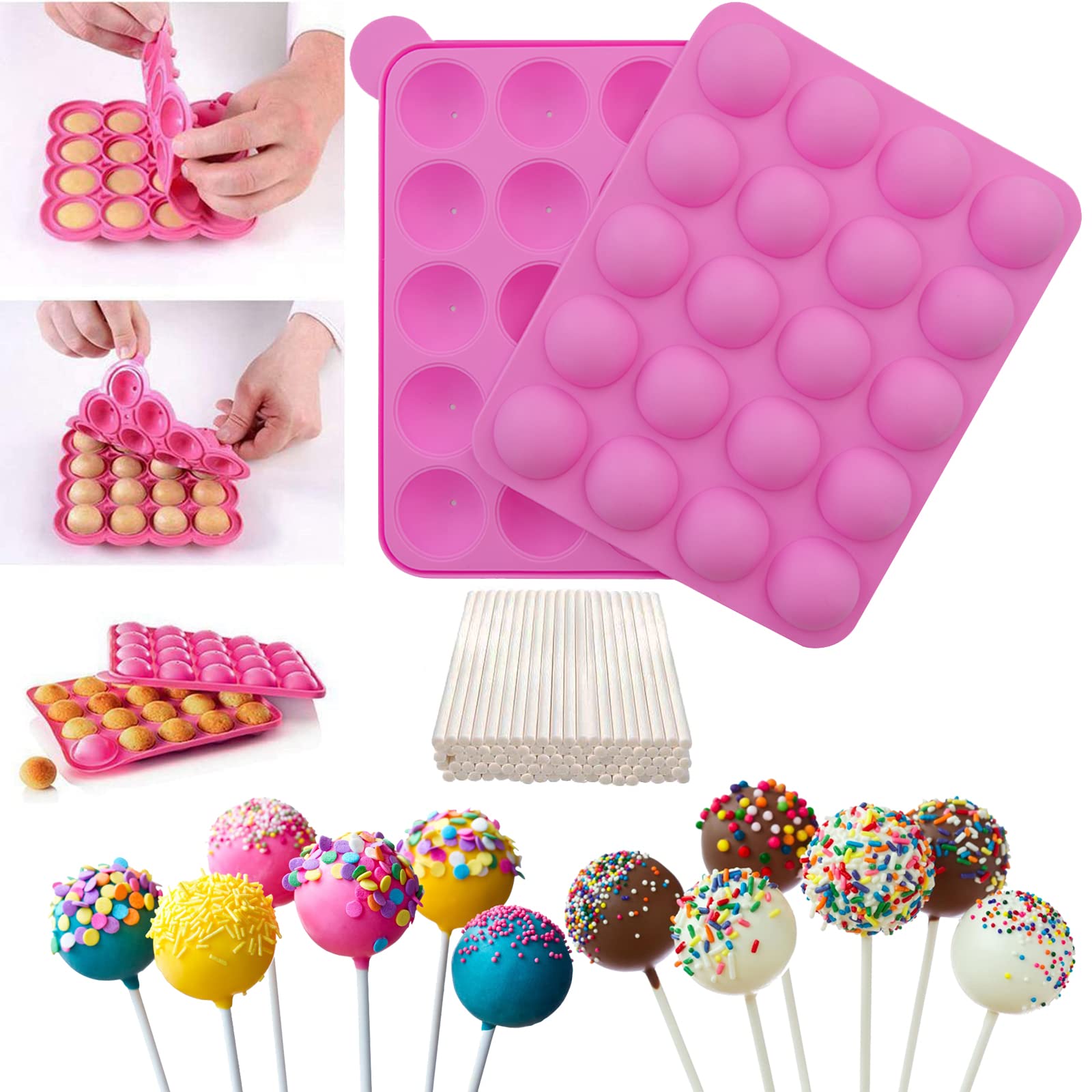 Junxave BPA Free Pop Cake Moulds & Ice Cube Trays + 120 Sticks Silicone Lollipop Candy Gumdrop Jelly Molds- Pink