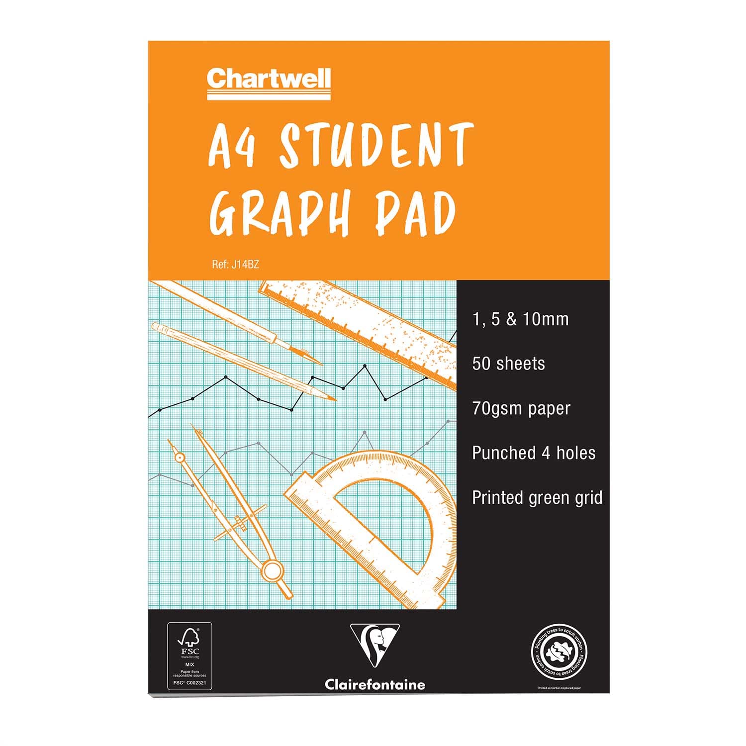 Clairefontaine - Ref J14BZ - Chartwell Graph Pad (Contains 50 Sheets) - A4 (210 x 297mm) Sized, 1, 5 & 10mm Square Rulings, 70gsm Punched Paper, FSC-Certified