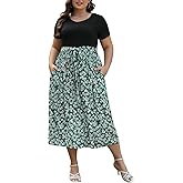 Nemidor Womens Plus Size Summer Short Sleeve Boho Print Flared Long Dress with Pocket NEM530