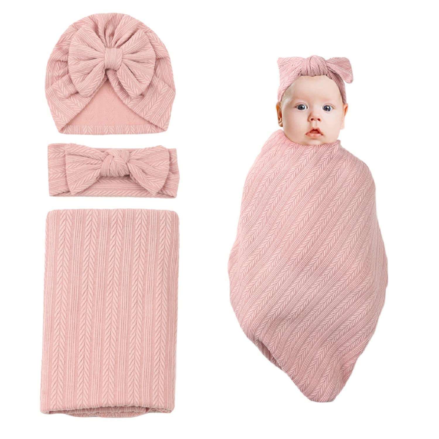 Nishine 35"x33" Newborn Swaddle Blanket with Headband Set Wheat Pattern Swaddle Wrap Receiving Blanket for Baby Boy Girls Sleeping Bag (Pink)