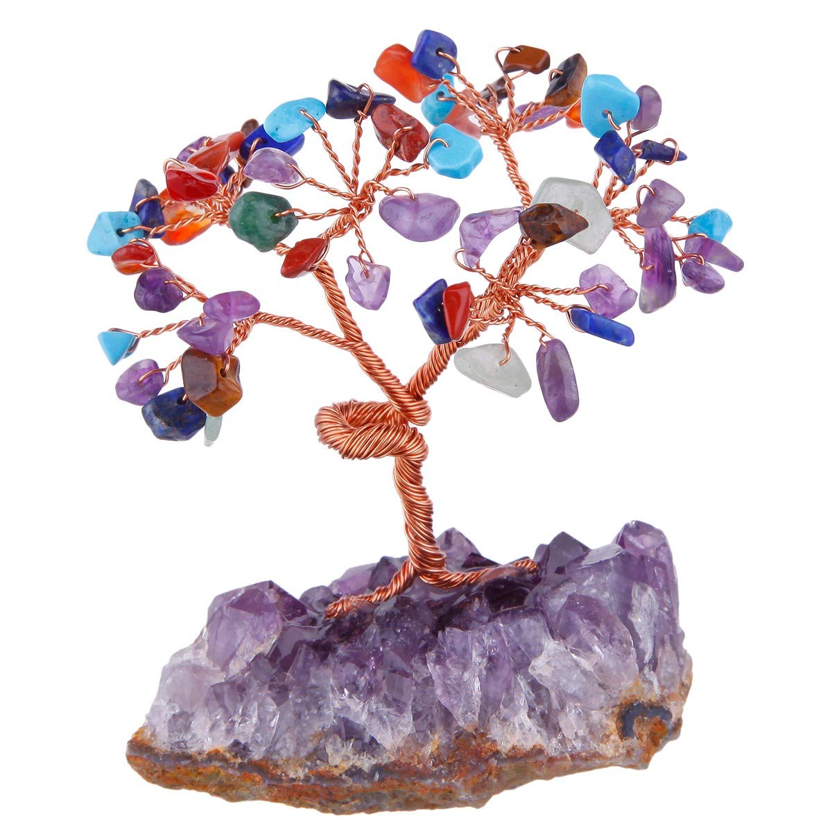 mookaitedecor Chakra Crystal Bonsai Money Tree Ornament, Healing Crystal Gift, Amethyst Quartz Crystal Cluster Base Tree of Life Feng Shui Ornament for Home Office Lucky Stone Tree