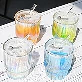 4 Pack Glass Cups with Lids and Straws Clear Iced Coffee Cups Cute Reusable 13oz Thickened Glass Tumbler Cups Travel Mug with Leak-Proof Sippy Lids for Morning Green Juice, Matcha (Stripes)