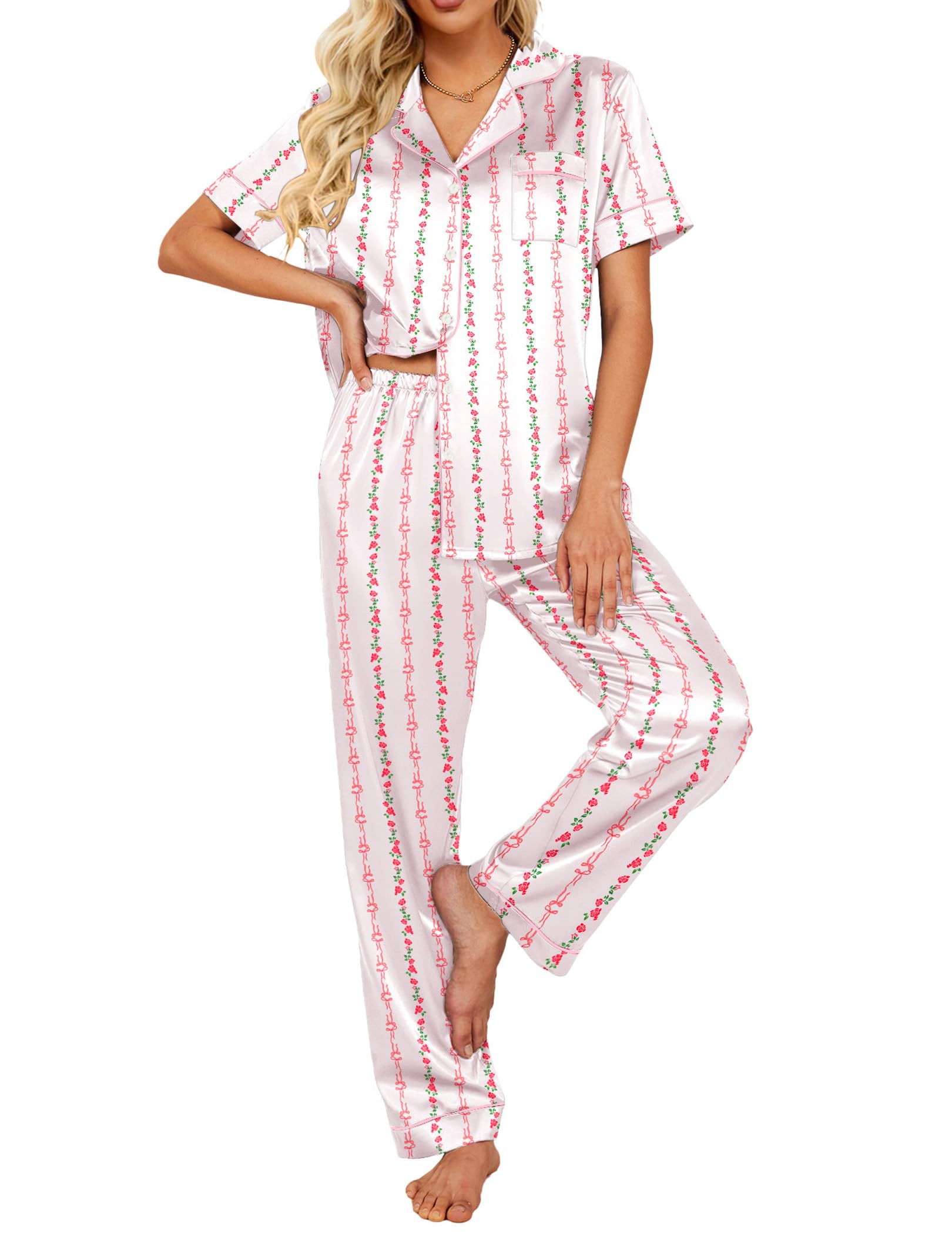 Ekouaer Satin Pajamas Set Women Short Sleeve Silky Pj Soft Button Down Loungewear Pjs Set Pink bow flower XX-Large Image
