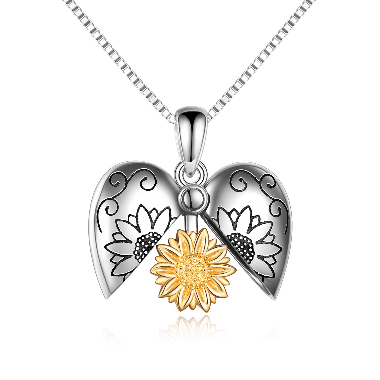 YAFEINI Sunflower Locket Necklace 925 Sterling Silver Love Heart Shaped You Are My Sunshine Pendent Family Gifts for Mom Girlfriend…