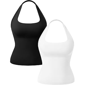OLCHEE Womens Halter Tank Tops Square Neck Backless Longline Seamless Gym Workout Yoga Pilates Top Padded 2 Pack
