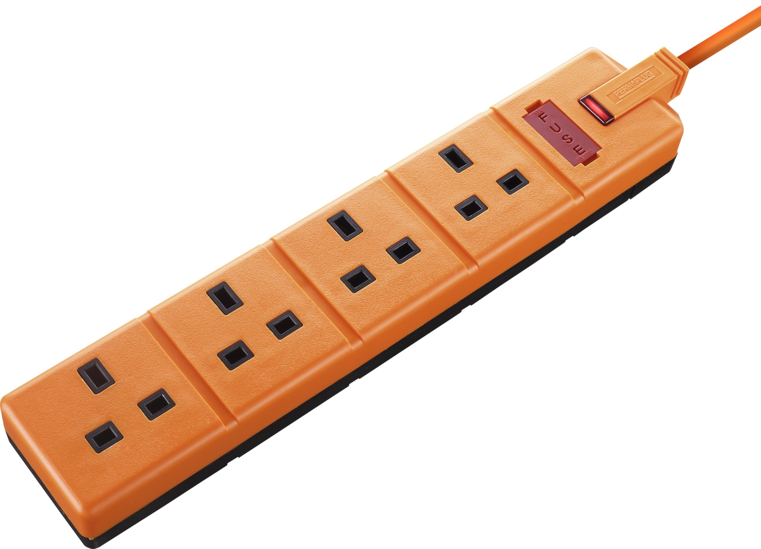 Masterplug Four Socket Extension Lead, 2 Metre Cable, LED Power Indicator, Unswitched, Heavy Duty, Rewireable, Power Strip, Work Power, Permaplug, Orange, 13A, 4G, 2m, EXS1342O
