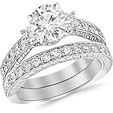1.88 Carat t.w. ROUND Shape/Center Three Stone Vintage With Milgrain & Filigree Bridal Set with Wedding Band & CZ Engagement Ring