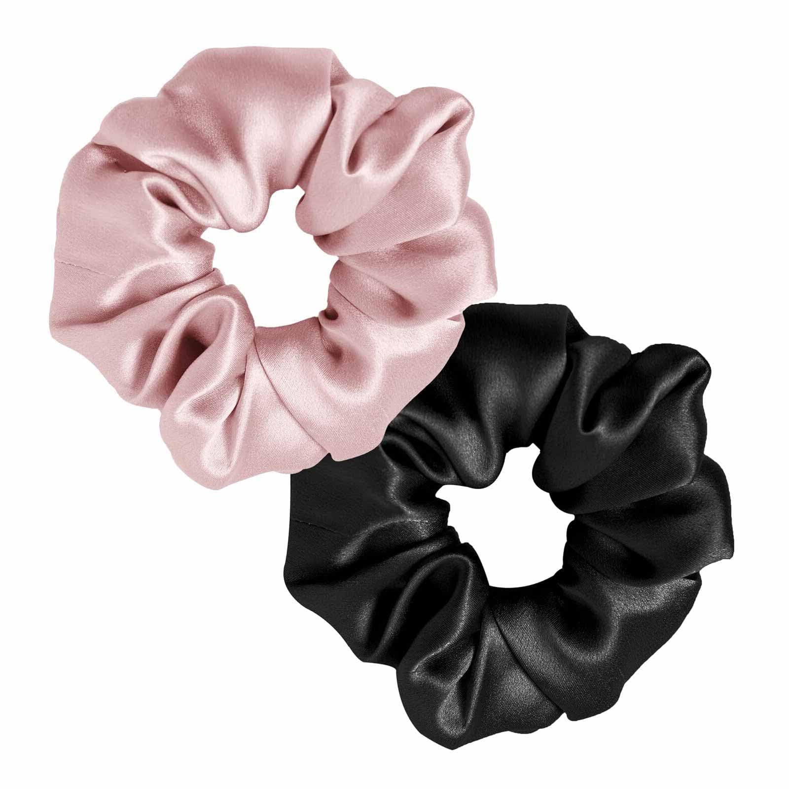Silk Scrunchies for Frizz Prevention, Mulberry Silk Hair Scrunchies for Prevention of Breakage, Elastic Polytail Tail Supports, Black+Pink
