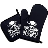 Mr.Good Looking is Cooking,Funny Oven Mitts and Pot Holders Sets of 2,Silicone Non-Slip Oven Mitts,Kitchen Gift for Men,Cooking Baking BBQ Gifts,Housewarming Gifts