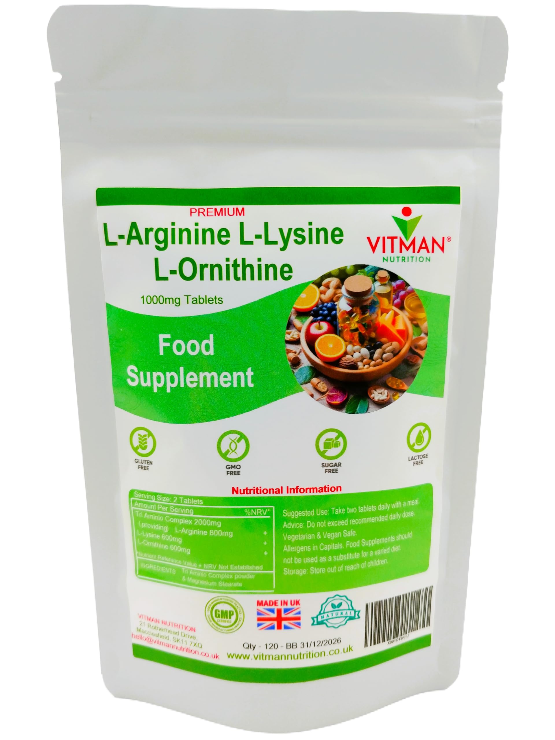 L-Arginine L-Lysine L-Ornithine Tablets - Synergistic Amino Acid Complex x 90 1000mg Bodybuilder Supplement Pills - Contributes Towards Increased Muscle Mass - Gym Supplement