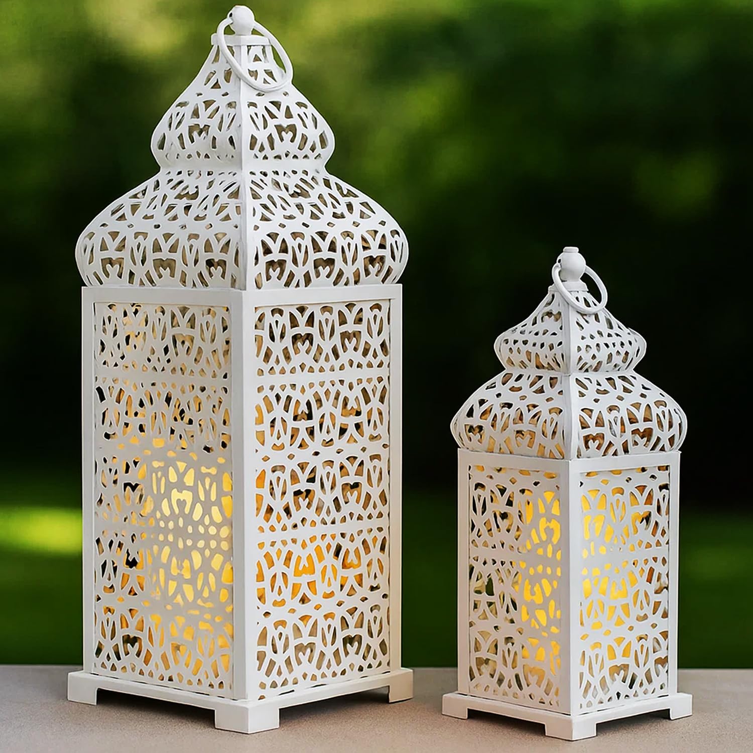 VELA LANTERNS Large Temple Moroccan Lantern Lamp Decorative Candle Holders for Ramadan Decorations, Hanging, Outdoor Patio or Porch, Indoor Home Decor, Weddings, White, Set of 2