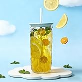 Glass Tumbler with Macaron Lid and Straw, 16OZ Unique Triangular Cup, Cute Ribbed Glassware, Withstand -20℃ to 150℃, Reusable Iced Coffee Cup with Lid (Blue)