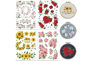 Peacoblue Water Soluble Embroidery Patterns with Color for Beginners, Various of Flowers 4 Sheets with 46pcs Wash Away Embroi