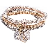 Cutesmile Fashion Jewelry Stretch Bracelets 3PCS Gold/Silver/Rose Gold Corn Chain Crystal Charms Multilayer Bracelets (Heart)