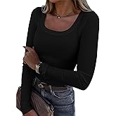 Roselux Womens Long Sleeve Scoop Neck Ribbed Knit Fitted Casual Tops Tee Slim Basic Shirts
