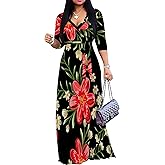 Sabtkz 3/4 Sleeve Dress for Women Summer Plus Size Casual V-Neck with Belt Elegant Flowy Sundress Cocktail Party Maxi Dresses