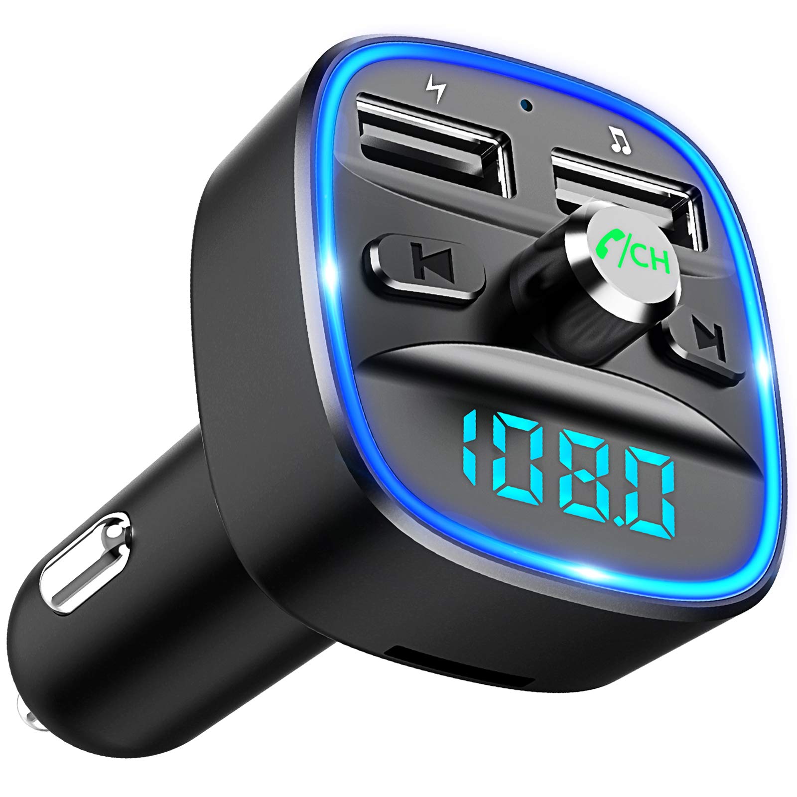 Bluetooth FM Transmitter for Car, Blue Ambient Ring Light, Wireless Radio, Receiver Adapter Kit with Handsfree