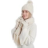 Womens Cable Knit Beanie Hat Scarf Glove Set, Fleece Lined Winter Hats Touchscreen Gloves Long Scarfs for Women