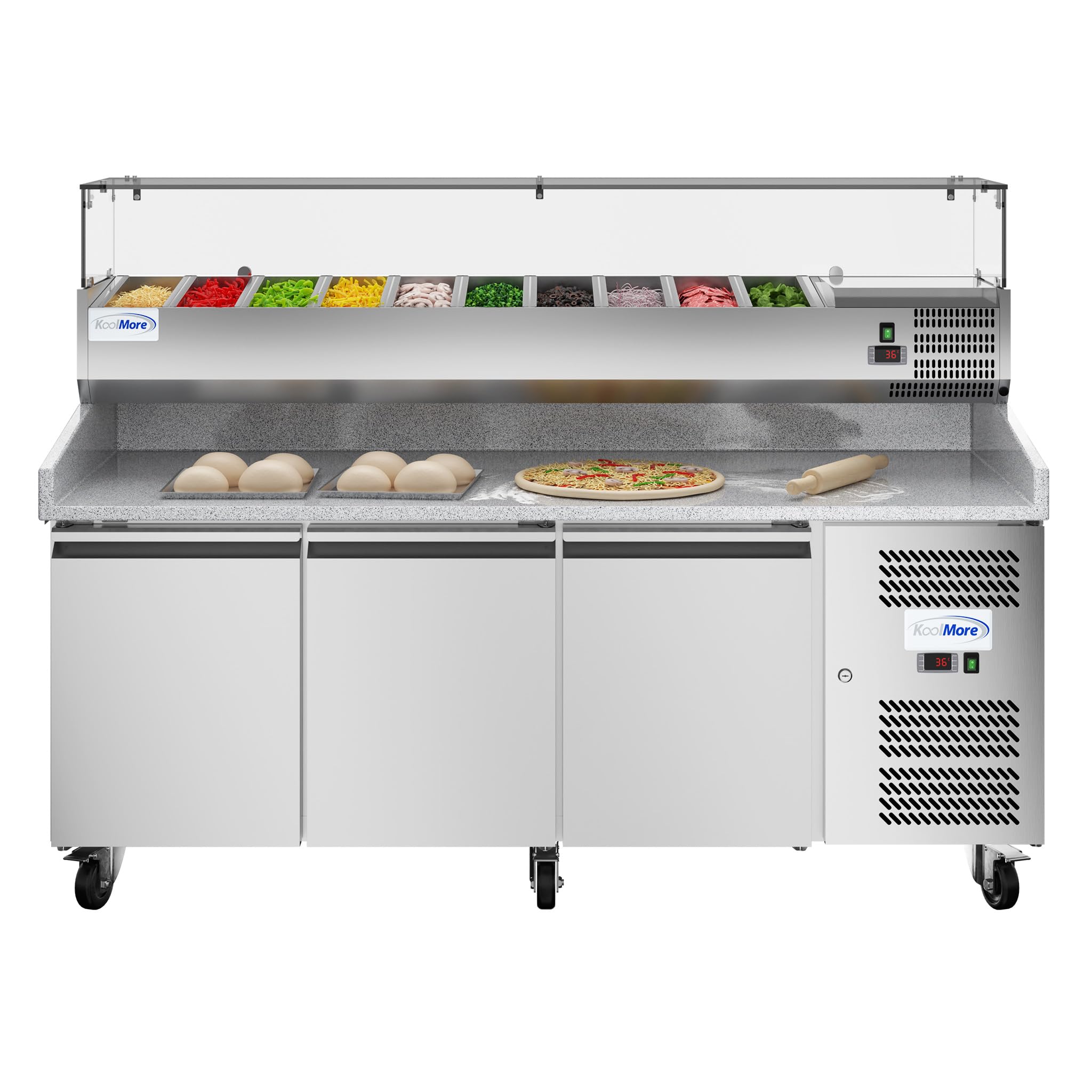 Photo 1 of KoolMore KM-RPCPS-2D79-GRT 79 in. Three-Door Commercial Granite Top Pizza Prep Refrigerated Condiment Pan Holder in Stainless-Steel, Stainless Steel