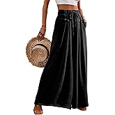 Flowy Wide Leg Palazzo Pants for Women Dressy Summer Casual Elastic Waist Lounge Long Trousers with Pocket